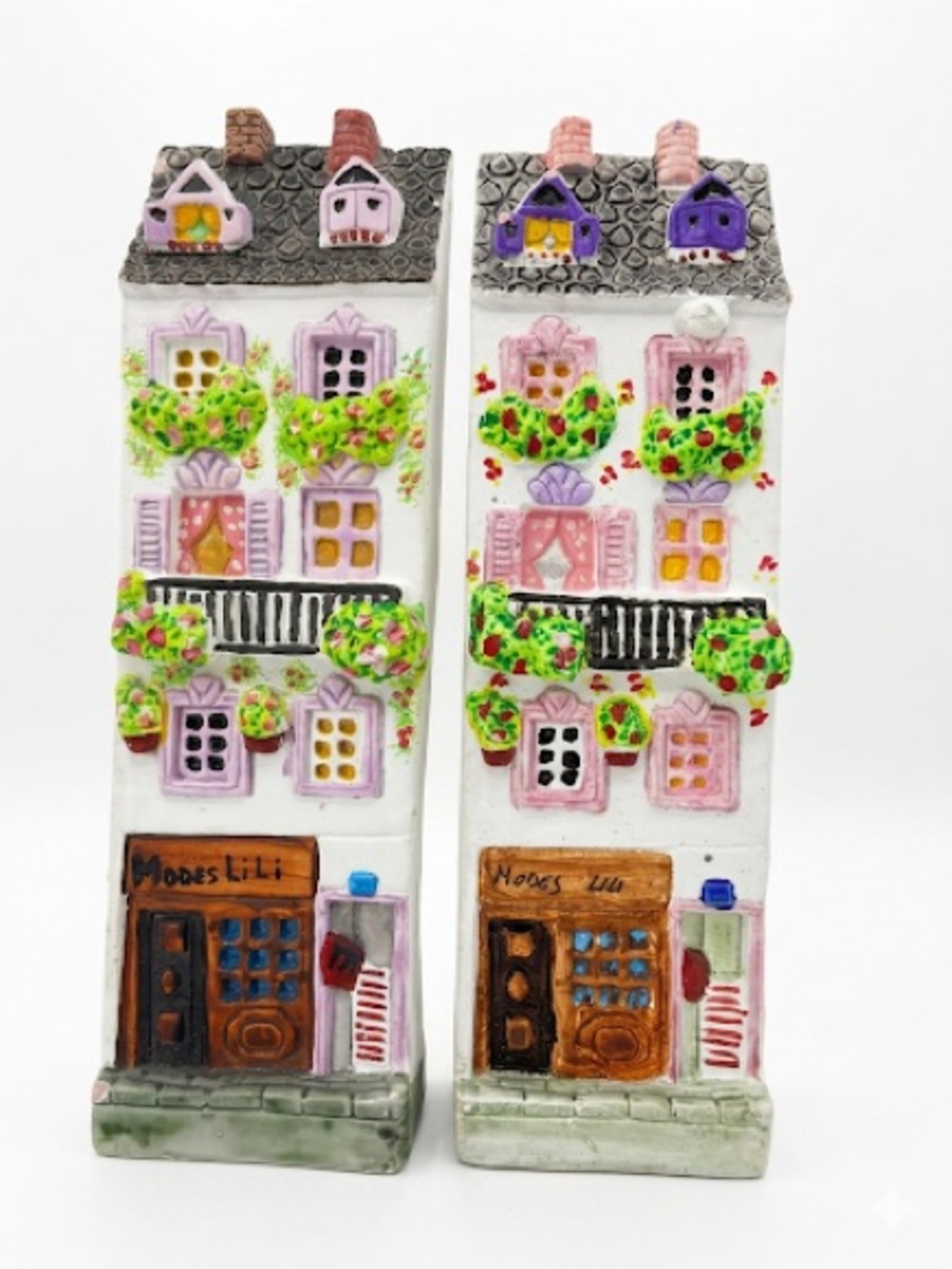 Pair of Decorative Miniature French Shop House Figurines in White & Pastel
